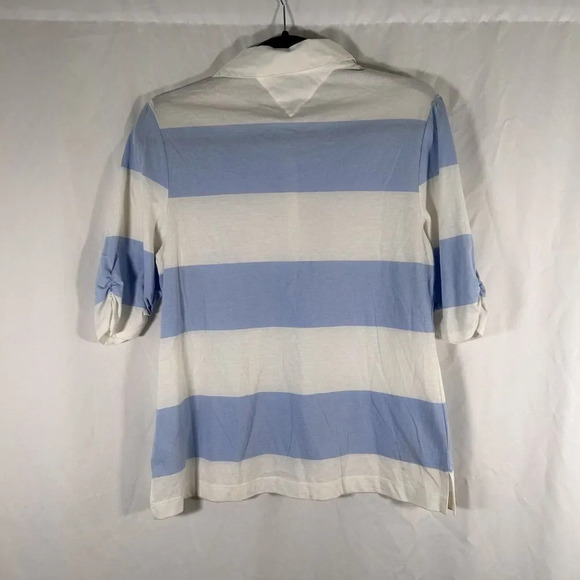Tommy Hilfiger Blouse Women's Large White Blue Striped 1/2 Button Short Sleeve - Picture 6 of 12
